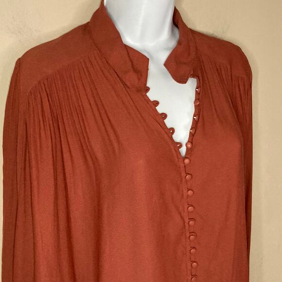 Free People Button Down Front Top Collar Flared Sleeves Rust Burnt Orange Size M - Picture 14 of 16